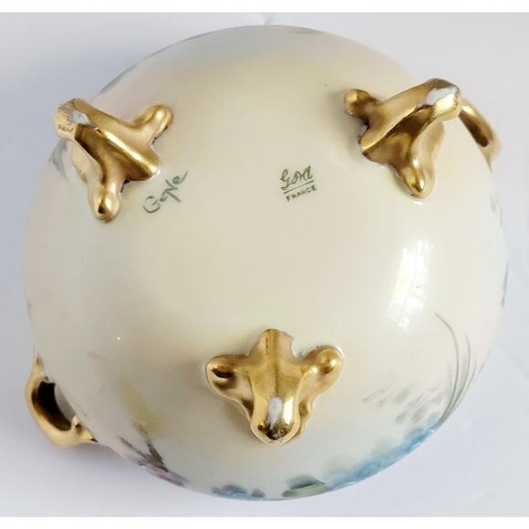 Antique GDA Limoges Hand Painted 3 Footed Bowl Blue Floral Gold Gilt Porcelain - Picture 7 of 11